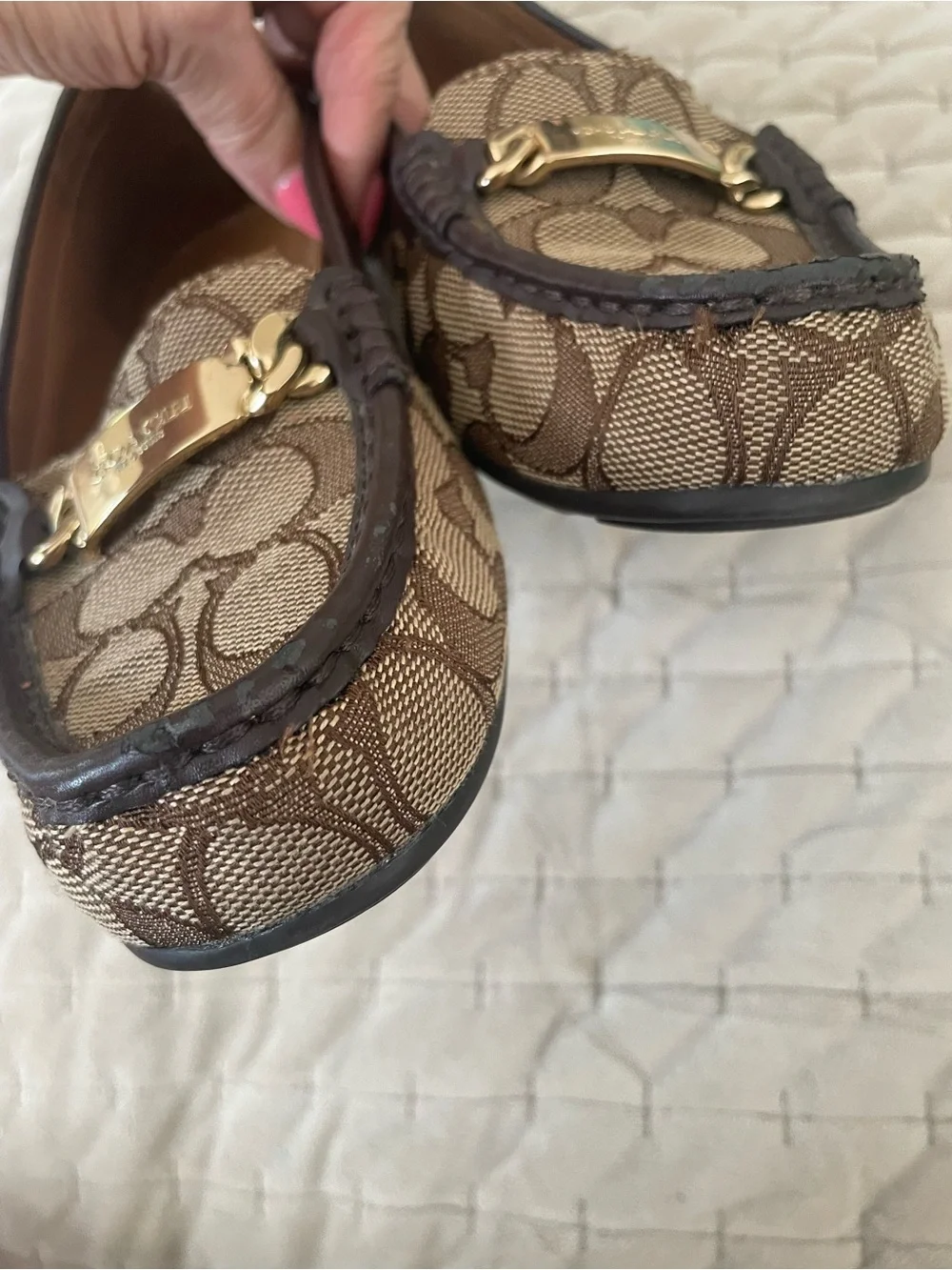 Coach Brown Signature Canvas Moccasins with Gold Plaque